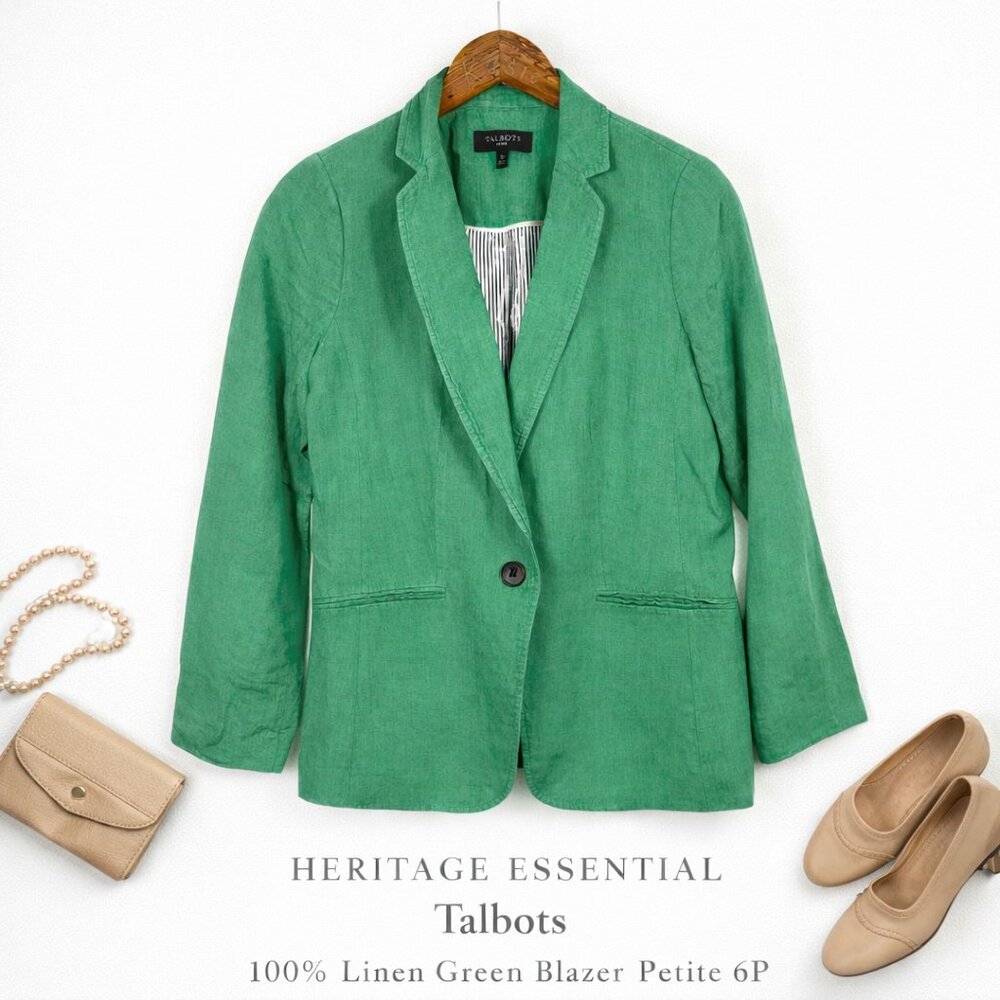 Talbots 100% Linen Green Blazer Petite 6P Notch Lapel Spring Jacket